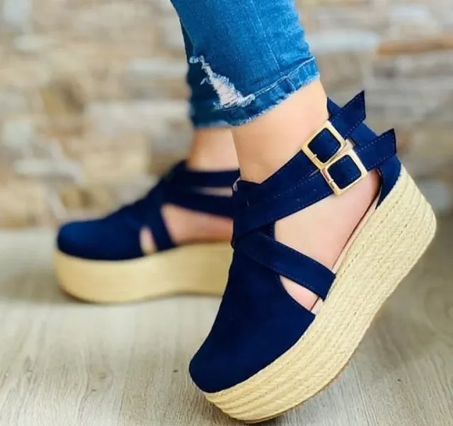 Wedge Heel Low Top Women's Shoes Round Toe Adult Side Space Rear Space Sandals Blue - Shop at LoveMi