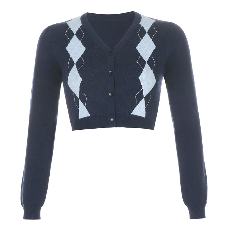 Short British College Style Diamond Check V Neck Sweater Top Womens Long Sleeve Sweater