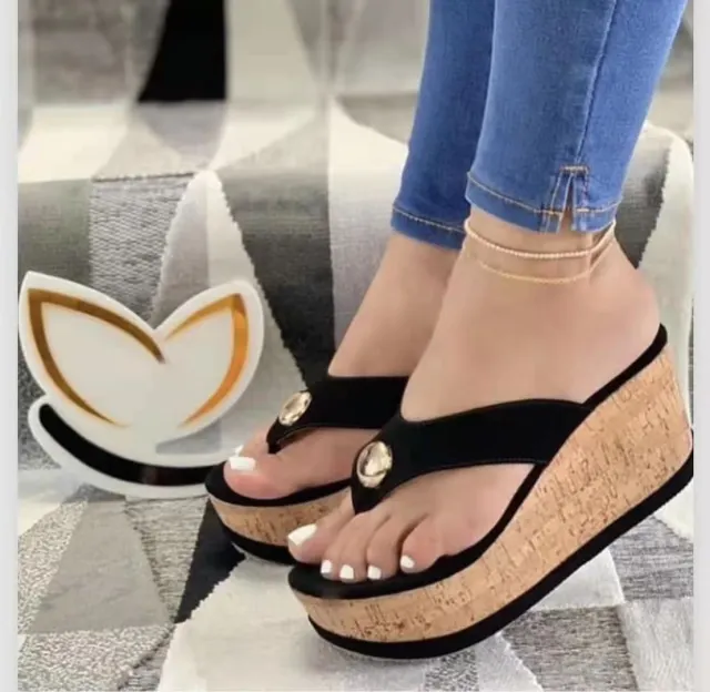 New Women's Slippers Women's Wedge Heel Flat Flip Flop Sandals Black - Shop at LoveMi