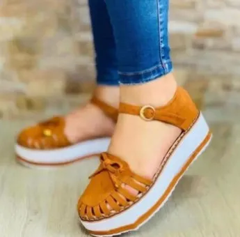 Ladies New Platform Hollow Trifle Shoe Buckle Sandals Brown - Shop at LoveMi