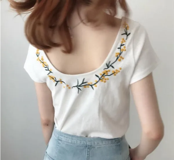 Knitted Cool Round Neck Halter Embroidered Short Sleeves Beige - Shop at LoveMi