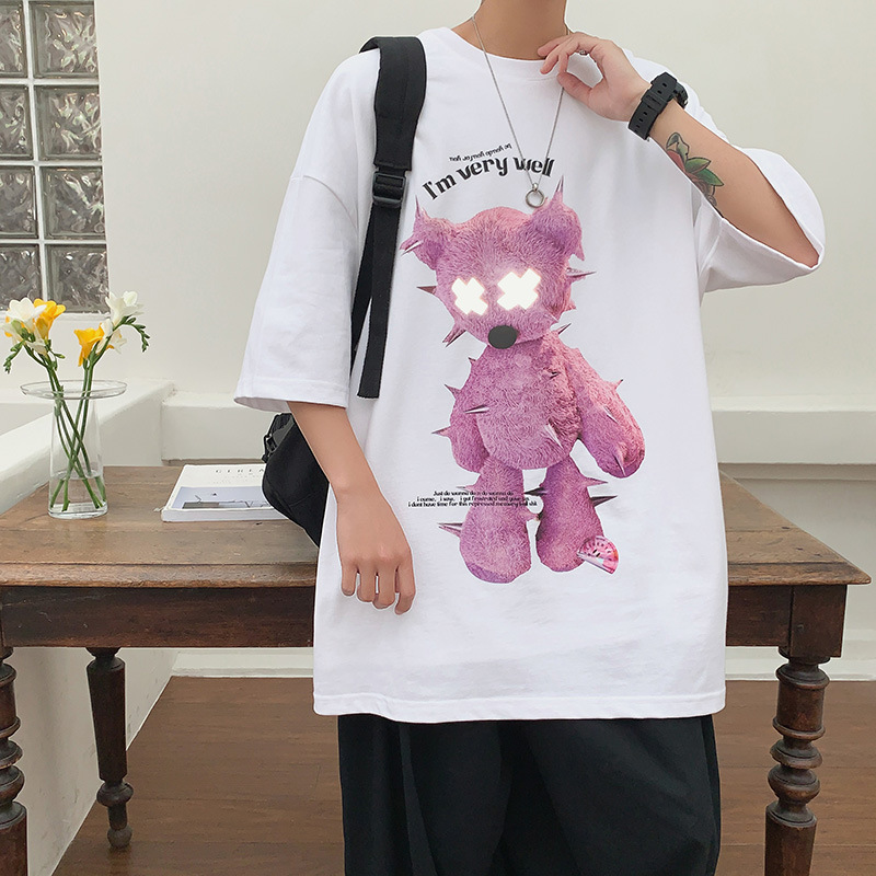 Cross-Border Summer New Loose Personality Couples Print Short-Sleeved T-Shirt, Street Fashion Brand Hong Kong Style Spoof T-Shirt