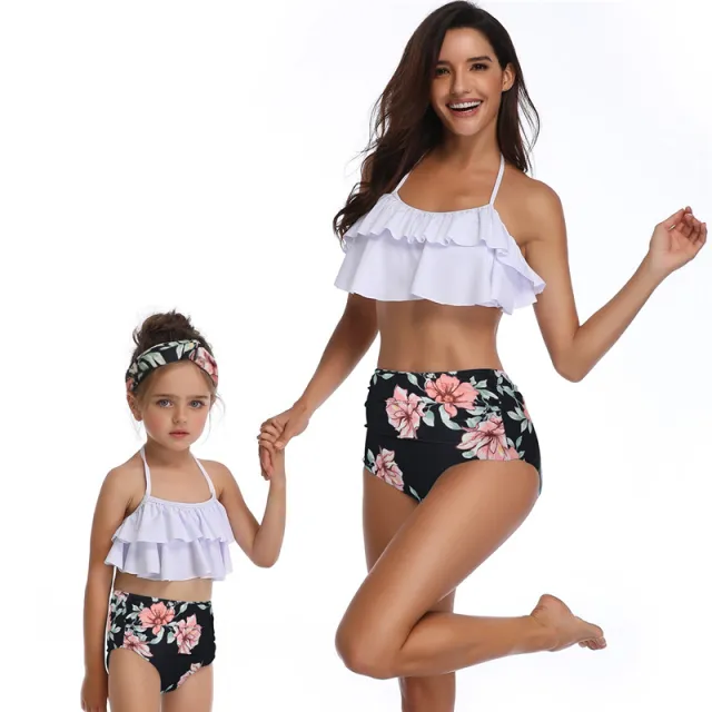 European And American Swimsuits Printed High Waist Bikini Parent child Swimwear Black - Shop at LoveMi