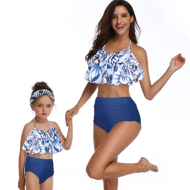 European And American Swimsuits Printed High Waist Bikini Parent child Swimwear Blue - Shop at LoveMi