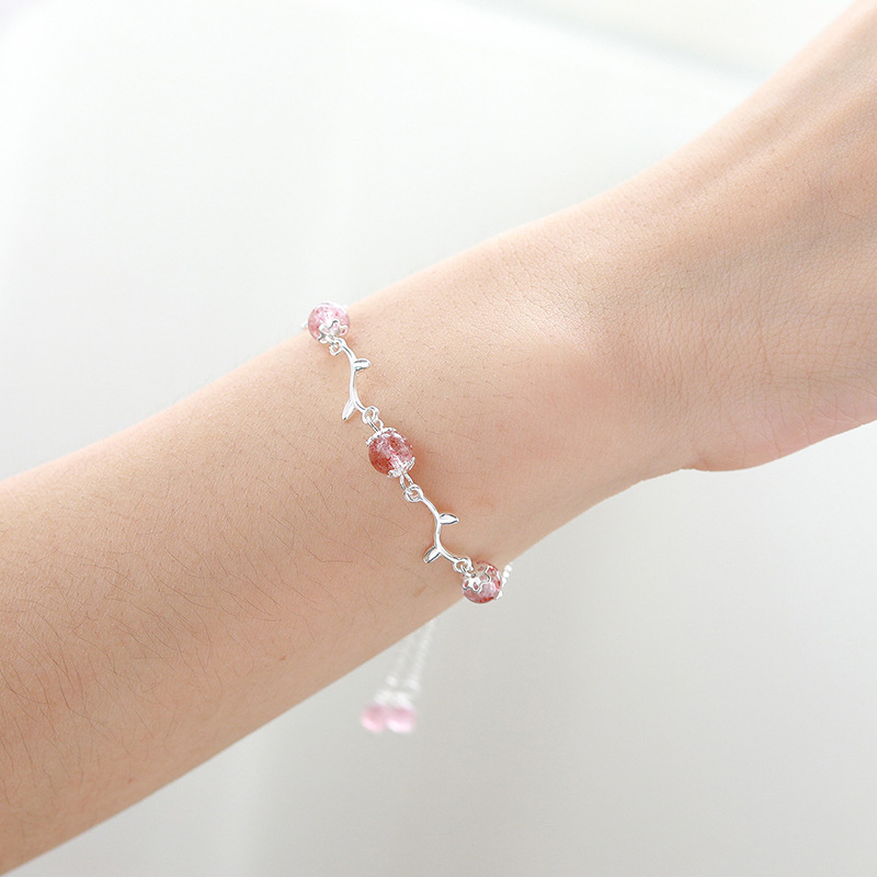 Sterling Silver Flower Branch Strawberry Crystal Bracelet