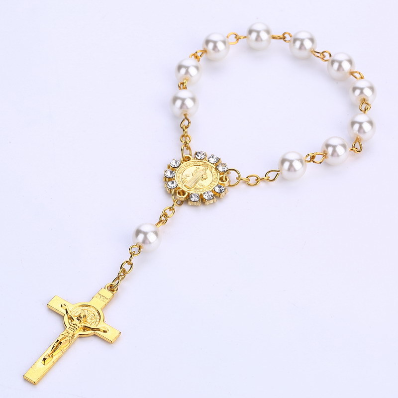Golden Diamond Virgin Mary Religious Wedding Ceremony Baby Baptism Rosary Cross Bracelet