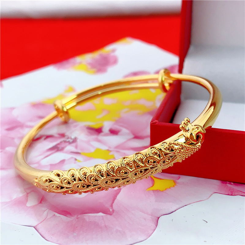 Simple Copper Plated Sand Gold Peacock Bracelet Filigree Peacock Wedding Bride Filigree Push-pull Female Bracelet