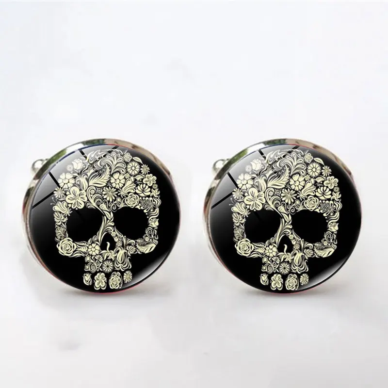 Skull Time Gemstone Men's Cufflinks Silver Metal Alloy