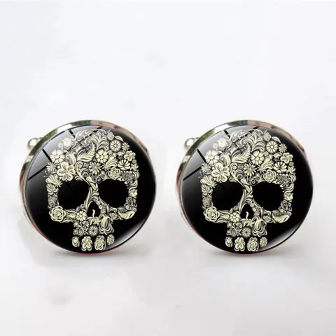 Skull Time Gemstone Men's Cufflinks Silver Metal Alloy