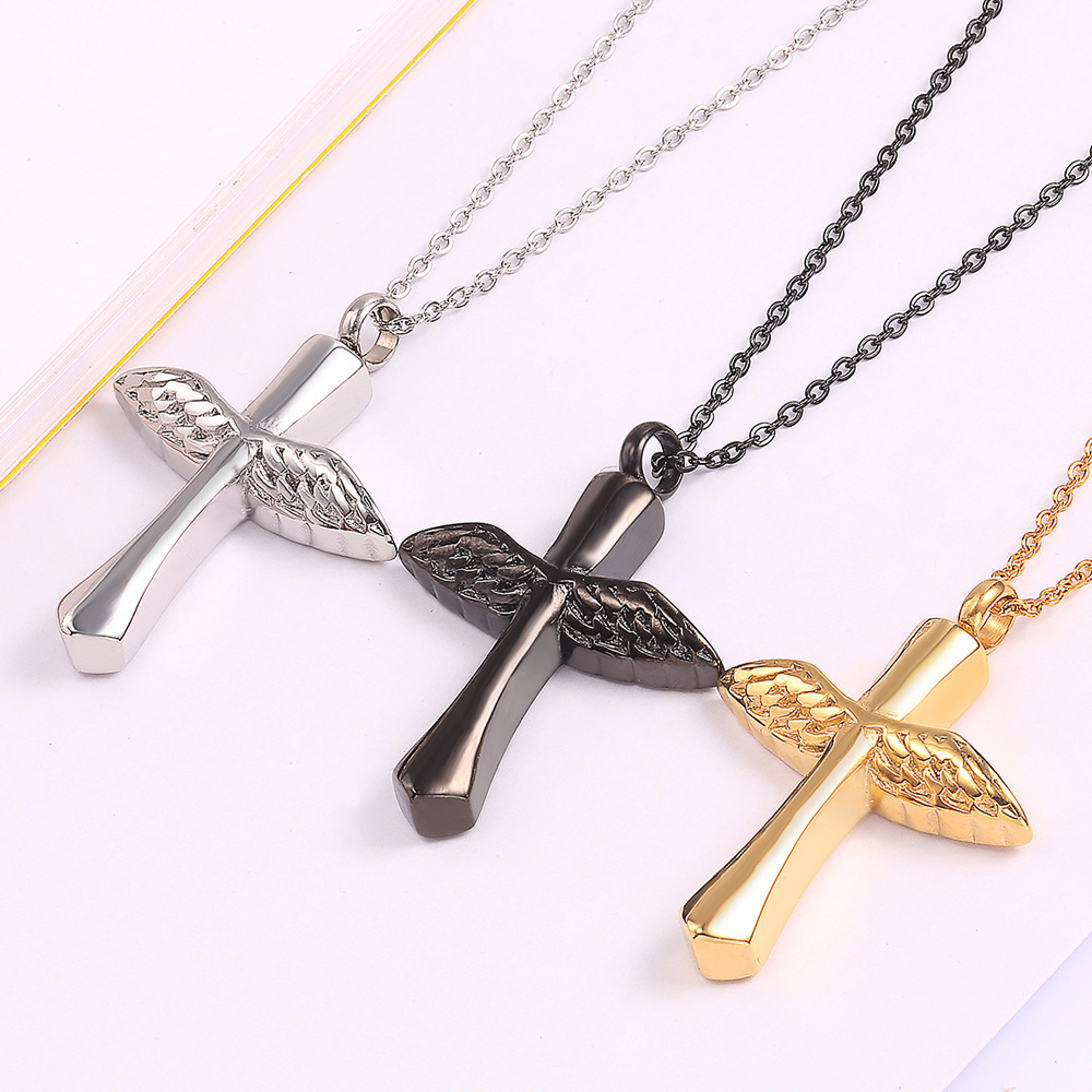Angel Wings Alloy Wings Feather Cross Urn Perfume Bottle Necklace Men And Women Pendant