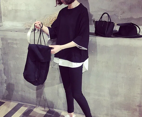 Summer Korean Version Of The New Women's Solid Color Fake Two piece Short sleeved T shirt Women's Loose Round Neck Bottoming Top Black - Shop at LoveMi