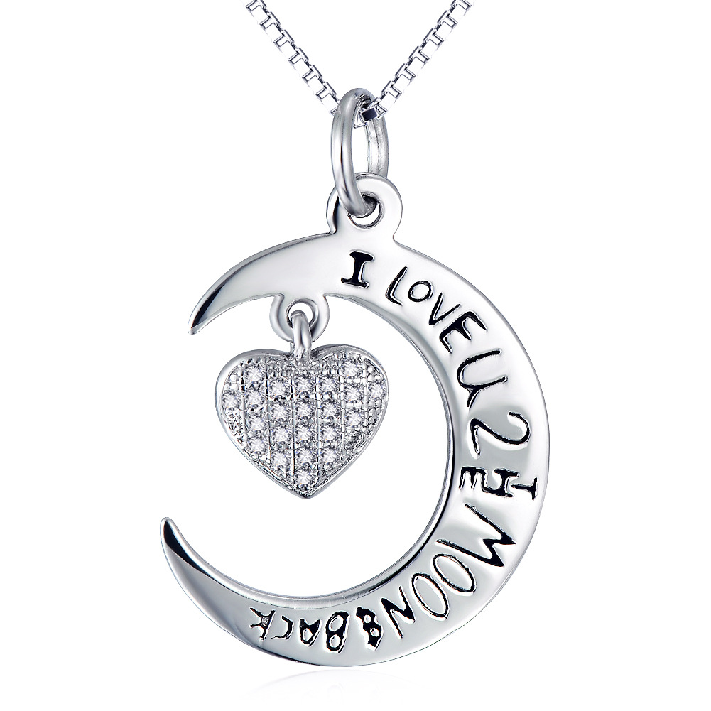 S925 Sterling Silver Diamond Love Moon Pendant Creative Heart Necklace
