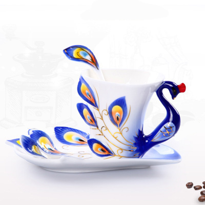 Lang porcelain peacock coffee cup and saucer set (blue)