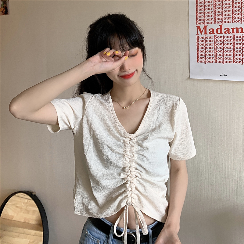 Taro Purple Short-Sleeved Shirt Women'S Summer New V-Neck, Careful Machine, Net Red Drawstring, Short Navel