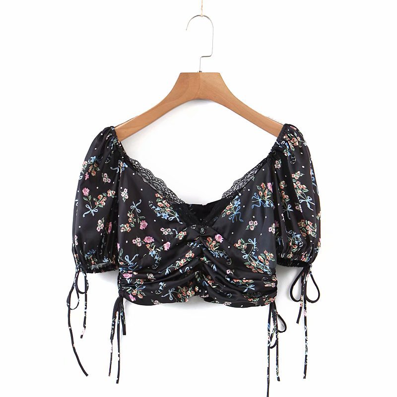 Vacation Style Thailand Romantic Sexy Deep V-Neck Lace Print Lace Stitching Top