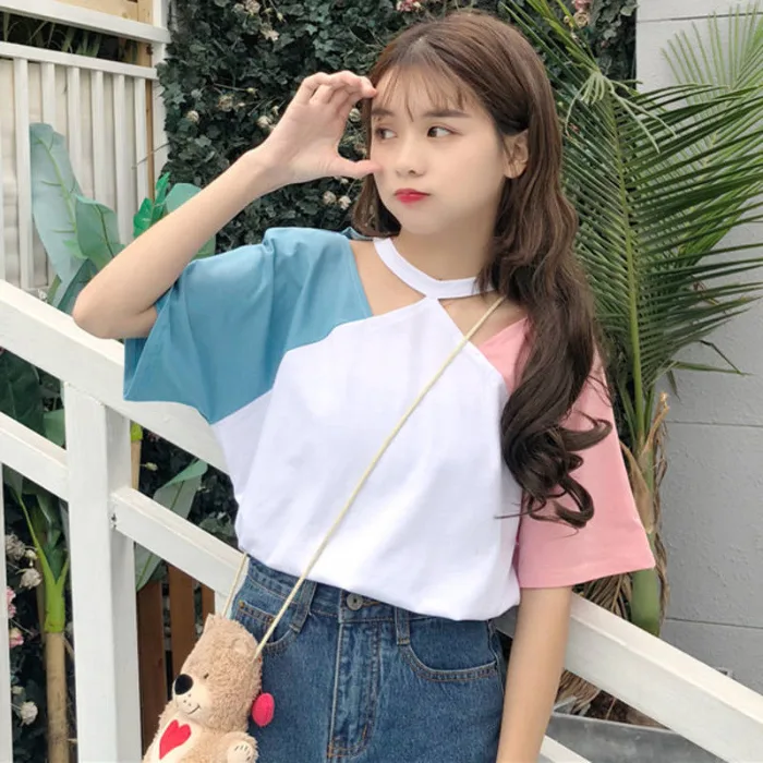 Design Contrast Stitching Off-The-Shoulder T-Shirt