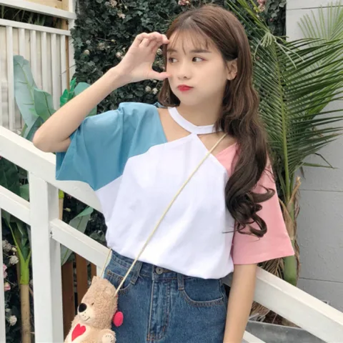 Design Contrast Stitching Off-The-Shoulder T-Shirt