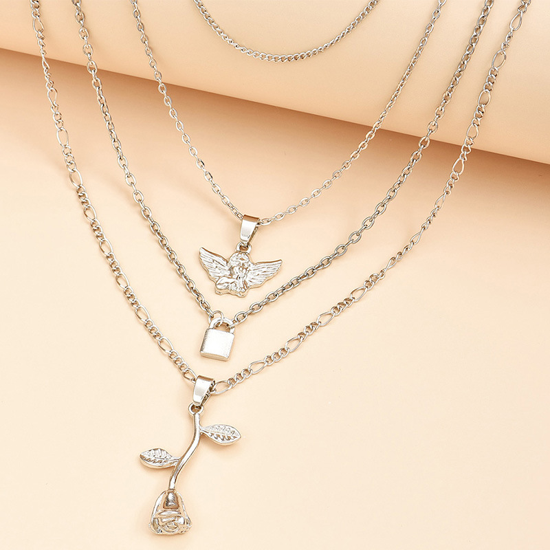 Popular Fashion Street Fashion Female Multi-Layer Key Angel Rose Pendant Necklace Set