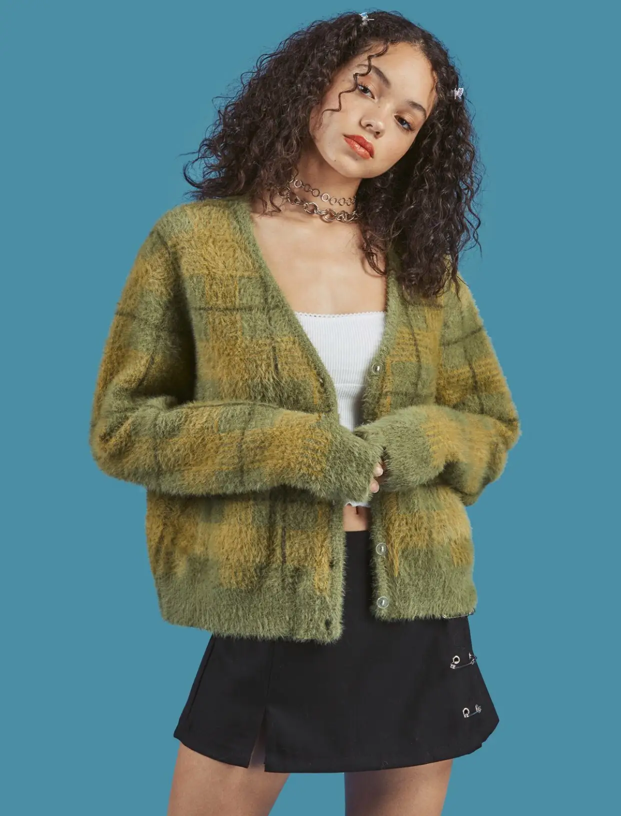 Women'S Korean Retro Plaid Small Fragrant Design Knit Cardigan Sweater Jacket