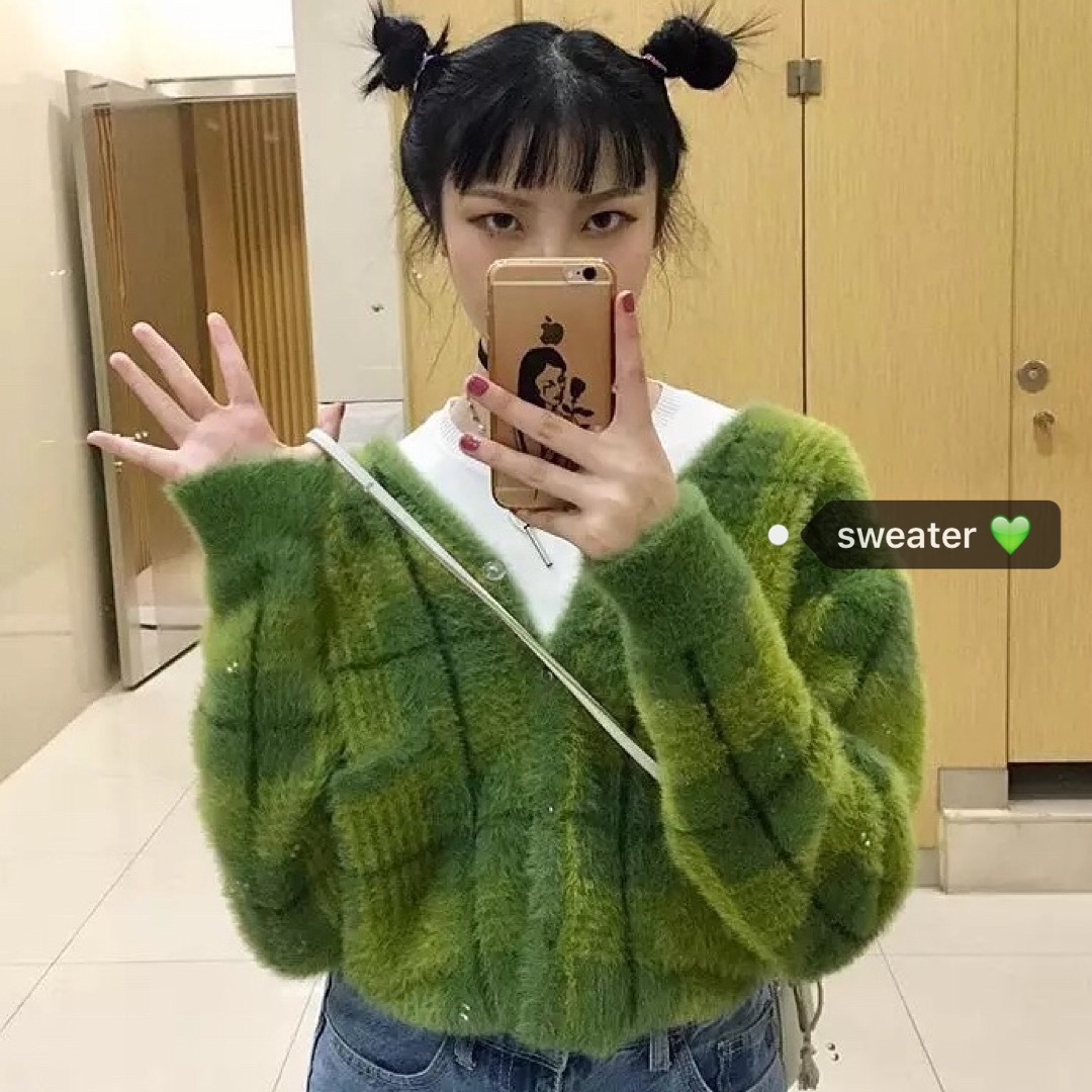 Women'S Korean Retro Plaid Small Fragrant Design Knit Cardigan Sweater Jacket