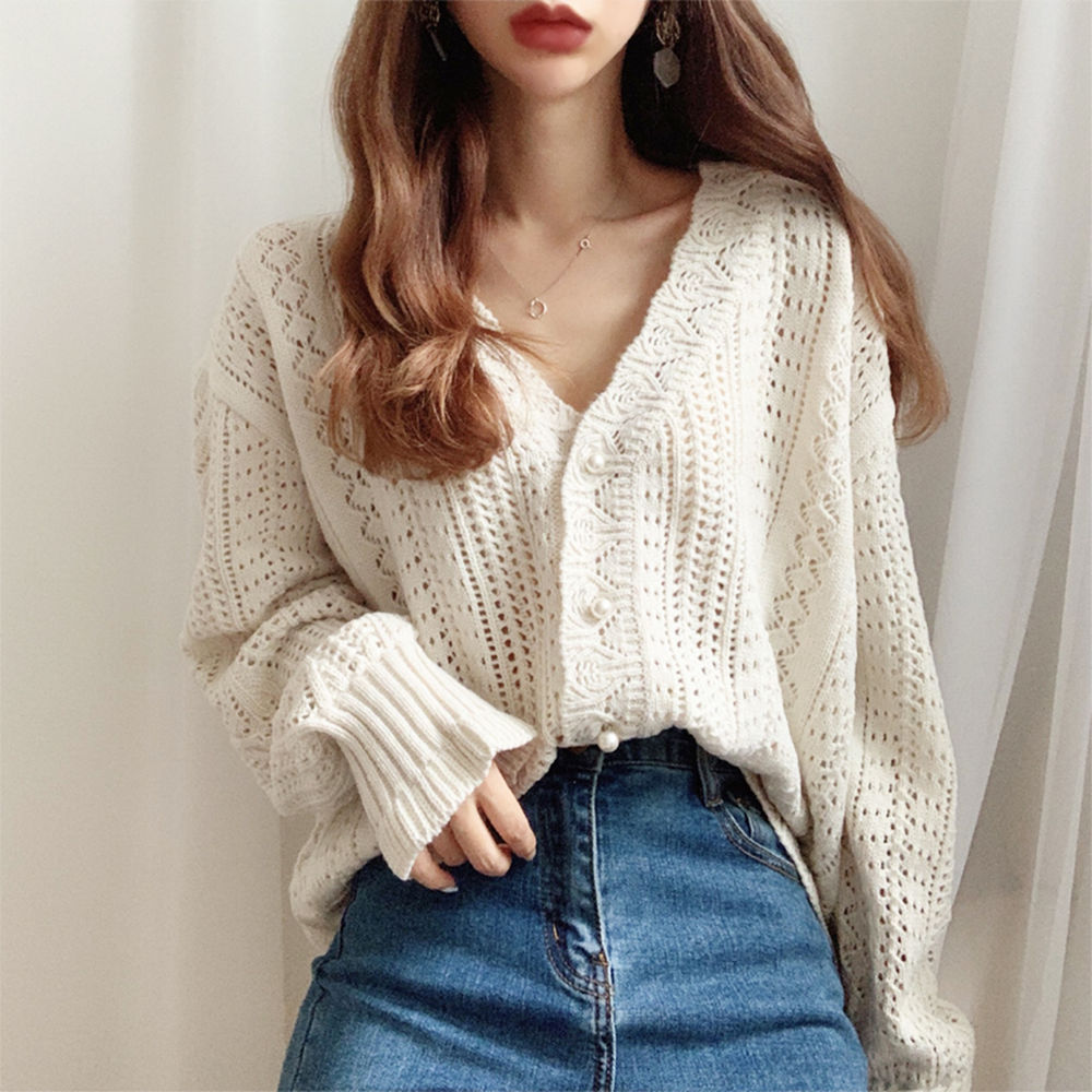 Title 7, Sweater jacket womens V-neck sweet hollow top ...