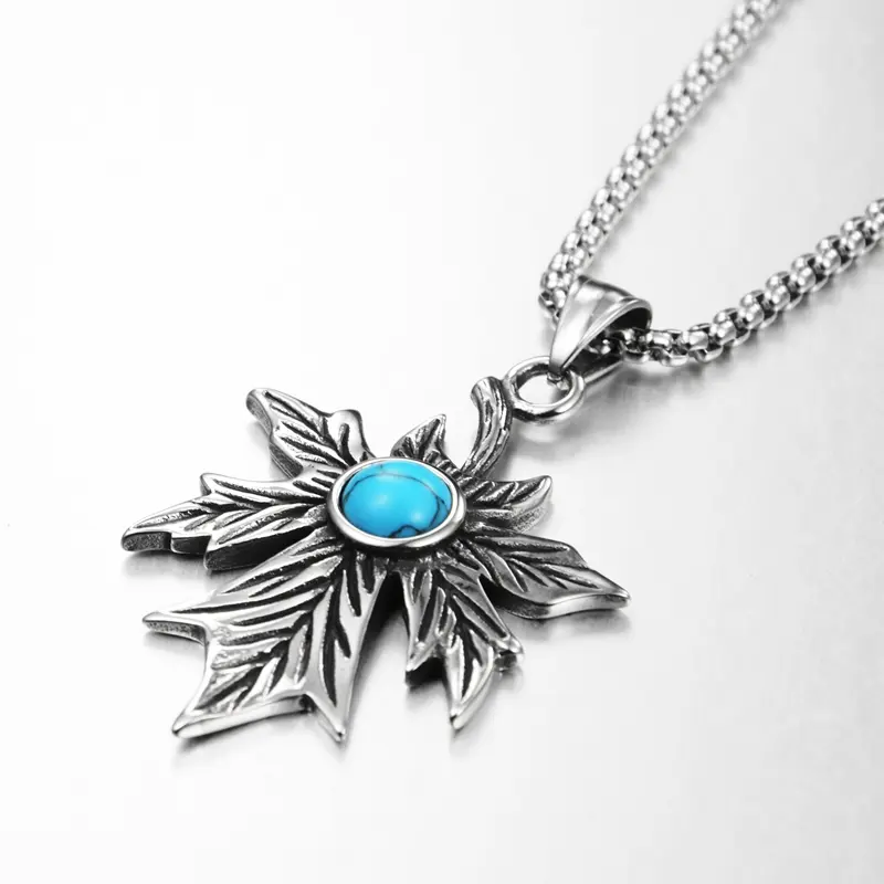 Sweater Chain Men'S Personality Retro Turquoise Maple Leaf Female Titanium Steel Couple Tide Jewelry