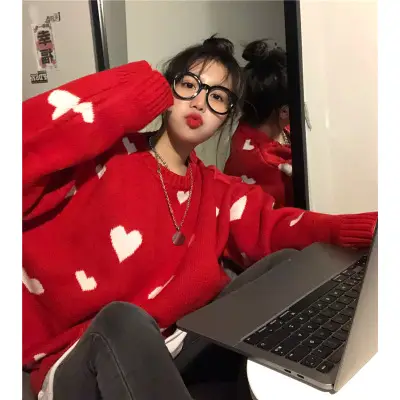 Sweater Korean Tops Pullover Long-Sleeve Love-Heart-Knitted O-Neck B037 Causal Nomikuma