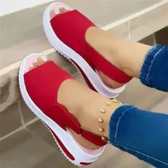 Fish Mouth Sandal Female One Word Buckle Thick Base Wedge Heel Cool - Red - View 1