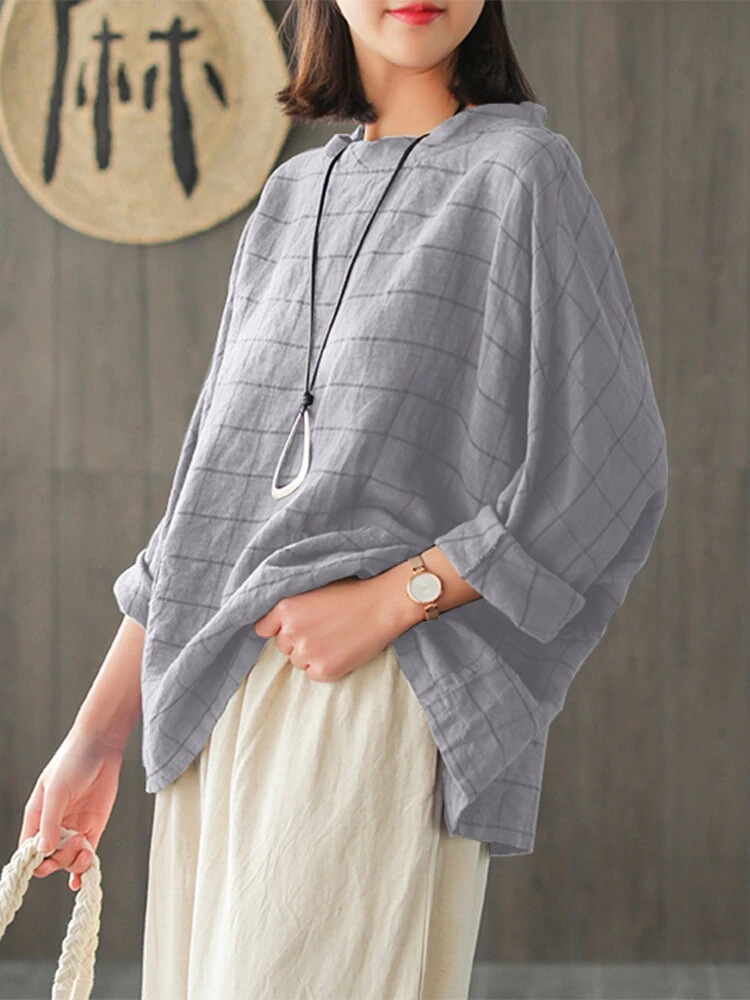 National Style Retro Plaid long-sleeved Casual loose And Elegant Blouse