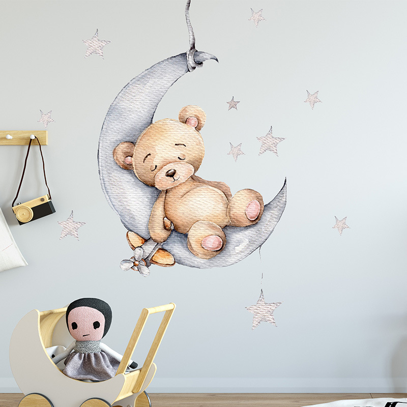 Sleeping Puppet Bear Moon Wall Stickers Living Room Bedroom Children's Room Self-Adhesive Decorative Stickers