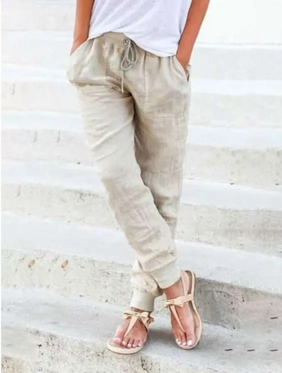 Loose Solid Color Cotton And Linen Ladies Casual Pants Khaki - Shop at LoveMi