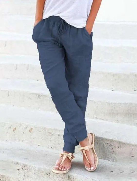 Loose Solid Color Cotton And Linen Ladies Casual Pants Dark Blue - Shop at LoveMi