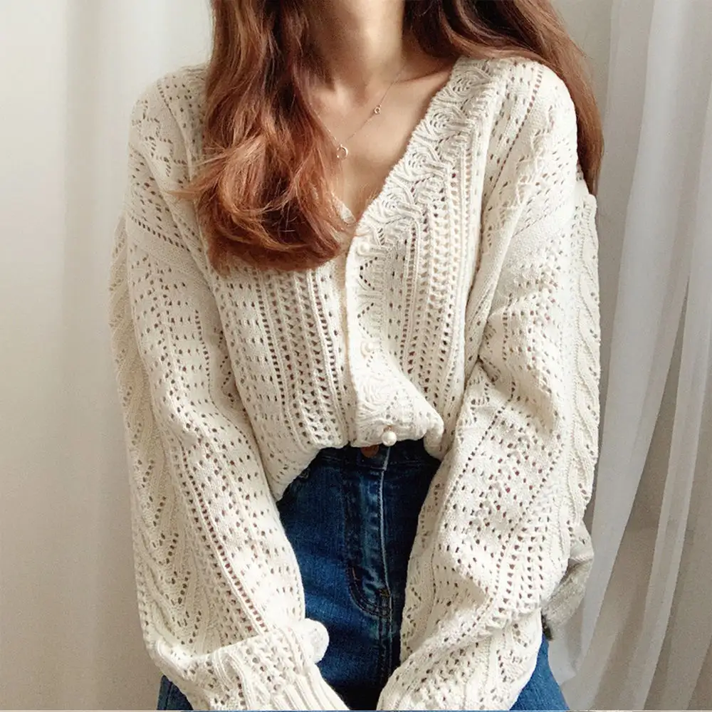 Sweater jacket women's V-neck sweet hollow top loose knit short cardigan