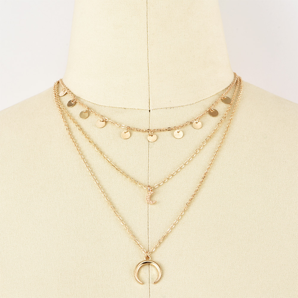 Fashion Personality Women's Multi-Layer Disc Moon Pendant Necklace Combination Bohemian National Style New