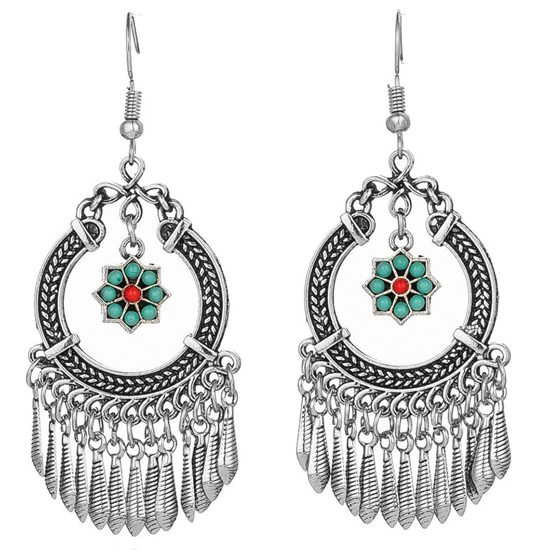 European And American Creative Rice Beads Flower Alloy Leaf Tassel Earrings