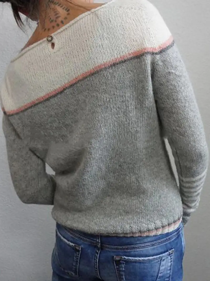 Contrasting Color Sweater Casual Loose Solid Color Striped Sweater