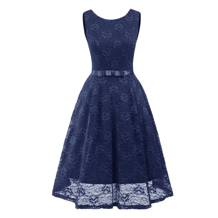Round Neck Sleeveless Sexy Lace Large Length Dress Bridesmaid Dress - Blue