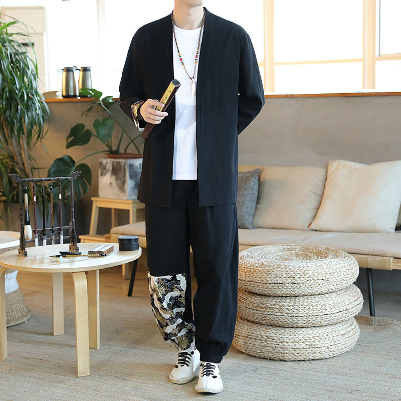 New Spring And Autumn Chinese Style Suit Mid-Length Tang Suit Men's Youth Retro 2-Piece Set One Drop Delivery