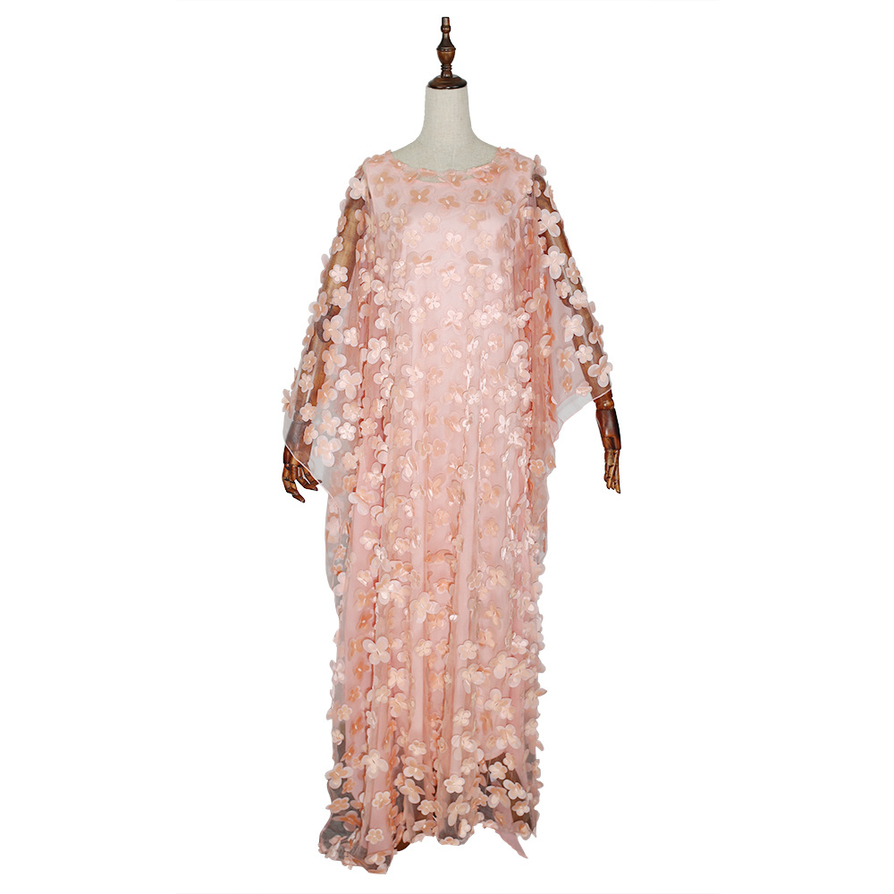 African Women's Dress Three-dimensional Embroidered Flower Net Yarn Crew Neck