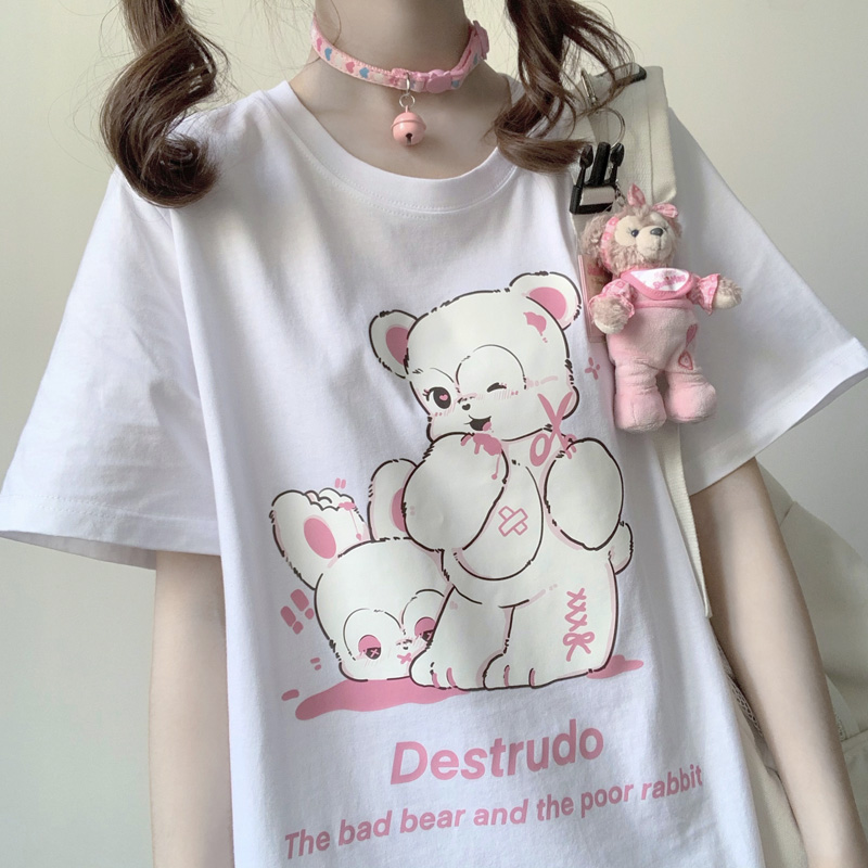Japanese Original Bad Bear Rabbit Print Summer New Soft Girl Sweet And Loose Cotton Short-Sleeved T-shirt Female Top