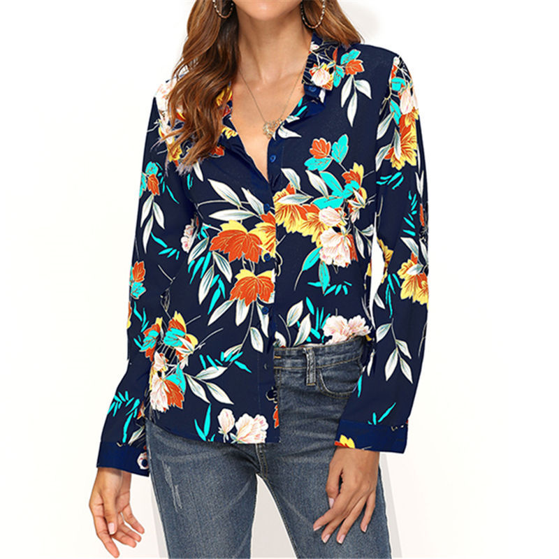 Casual Long-sleeved Plant-print Chiffon Shirt