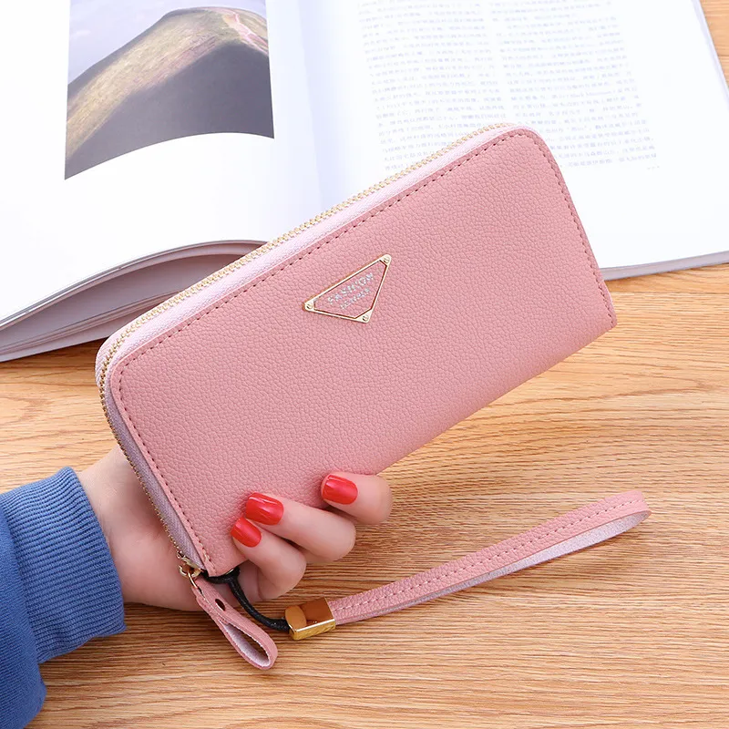 Casual Single Pull Ladies Wallet Lychee Pattern Large Capacity Ladies Handbag Clutch - Pink