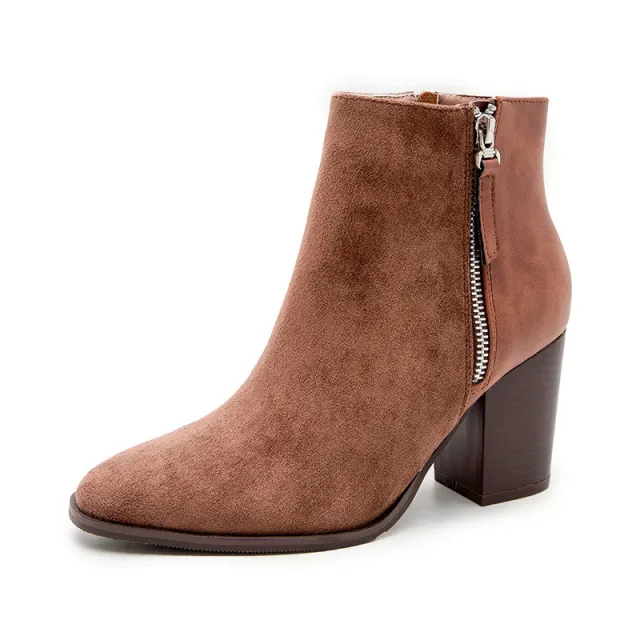 Short Boots Suede Thick Heel High Heel Ladies Boots Khaki - Shop at LoveMi