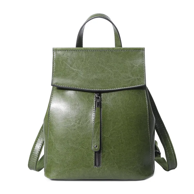 Oil Wax Leather Backpack Leather Handbags New Korean Fashion All-Match Leather Shoulder Bag - Green