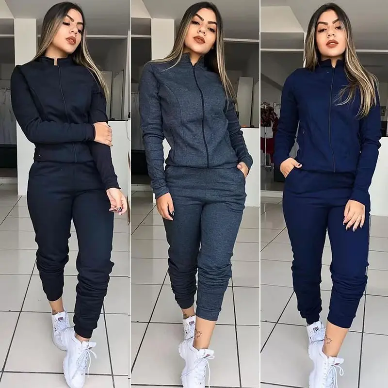 Womens Solid Color Long Sleeve Pants Suit Motion Twinset