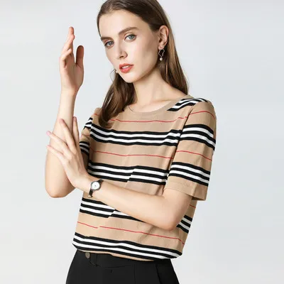 Striped Simple Round Neck Short sleeved Sweater Khaki - Shop at LoveMi