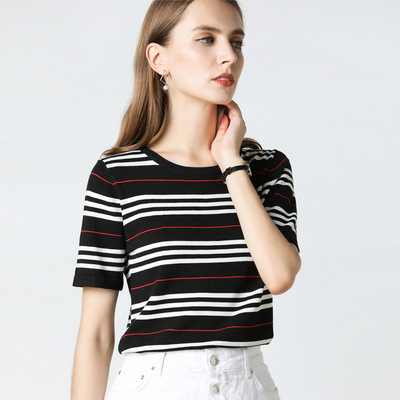 Striped Simple Round Neck Short sleeved Sweater Black - Shop at LoveMi