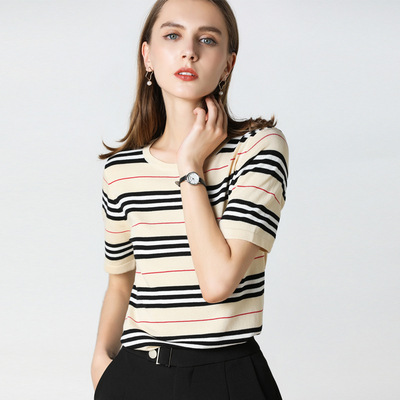Striped Simple Round Neck Short-sleeved Sweater