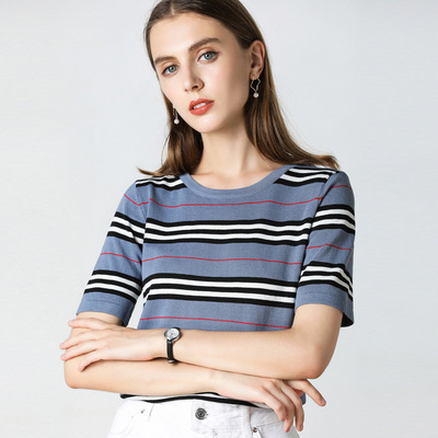 Striped Simple Round Neck Short sleeved Sweater Blue - Shop at LoveMi