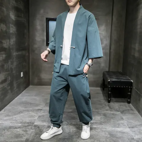 Chinese Style Linen Suit Men's Summer Three-Quarter Sleeves Robe